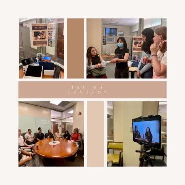 Collage of four pictures. In one picture three women are listening to a lady where she is explaining other one is a podcast flyer. In the third image, its a screen of a video recorder and other one a picture of people setting around the table