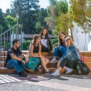 Student talk on campus steps